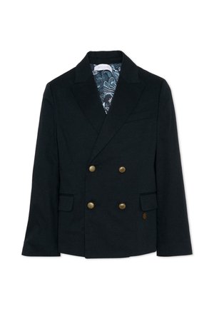 Zwarte dubbelgeknoopte blazer met gouden knopen, ingesneden revers, klepzakken en een paisley-patroon voering die zichtbaar is bij de kraag.