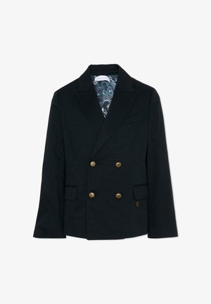 Zwarte dubbelgeknoopte blazer met gouden knopen, ingesneden revers, klepzakken en een paisley-patroon voering die zichtbaar is bij de kraag.