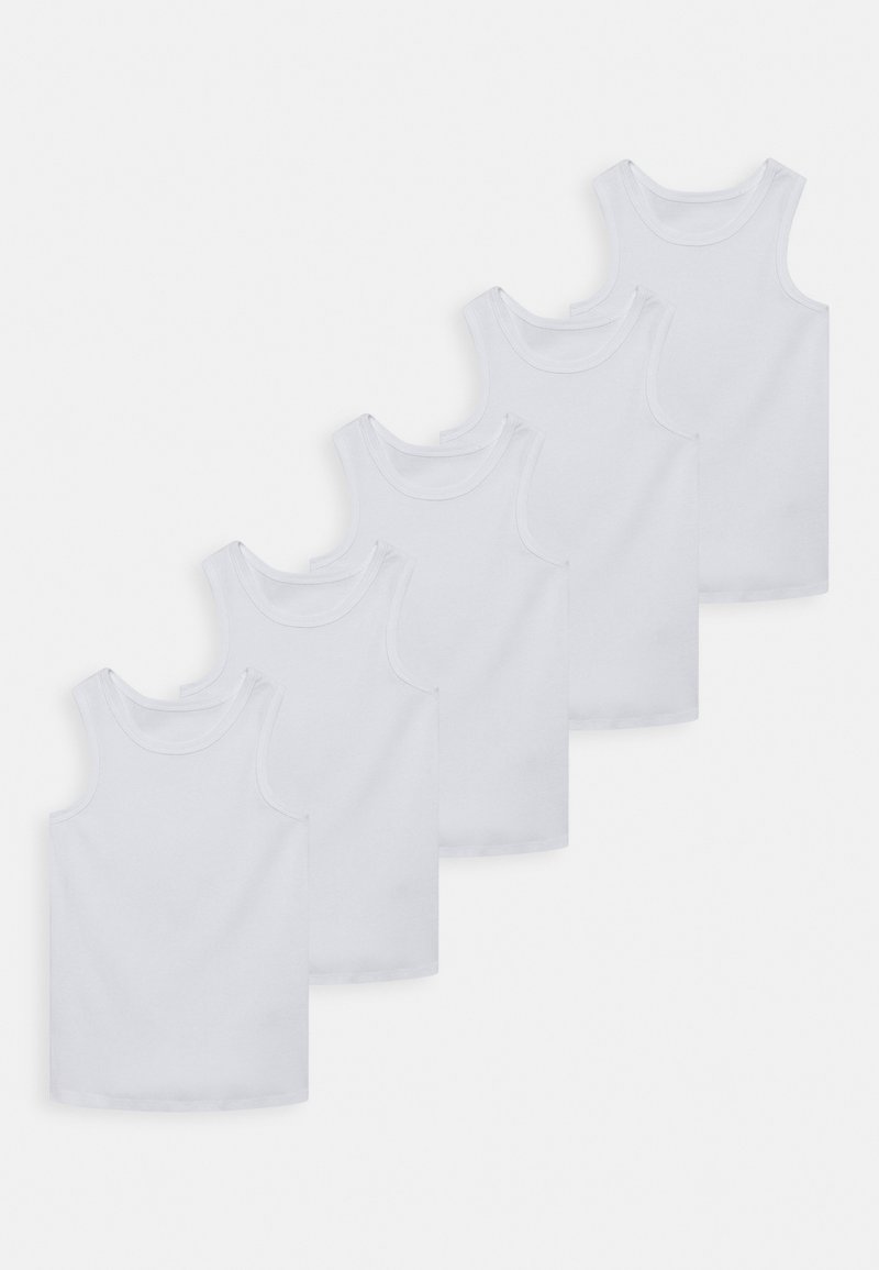 White cotton tank tops, five in a row, featuring a classic design with rounded necklines and no patterns or embellishments.