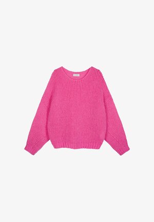 Rózsaszín kötött pulóver laza fazonnal, kerek nyakkal és hosszú ujjakkal. Anyaga durva tapintású, bordázott mintázattal.