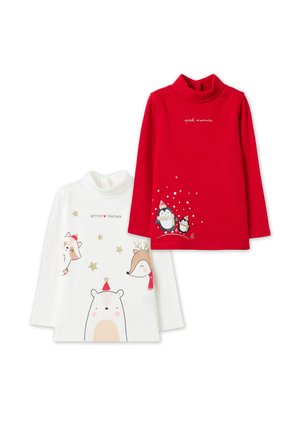 Twee lange mouw turtleneck shirts: één wit met dierenprints en gouden sterren; één rood met pinguïns en de tekst "special moments."
