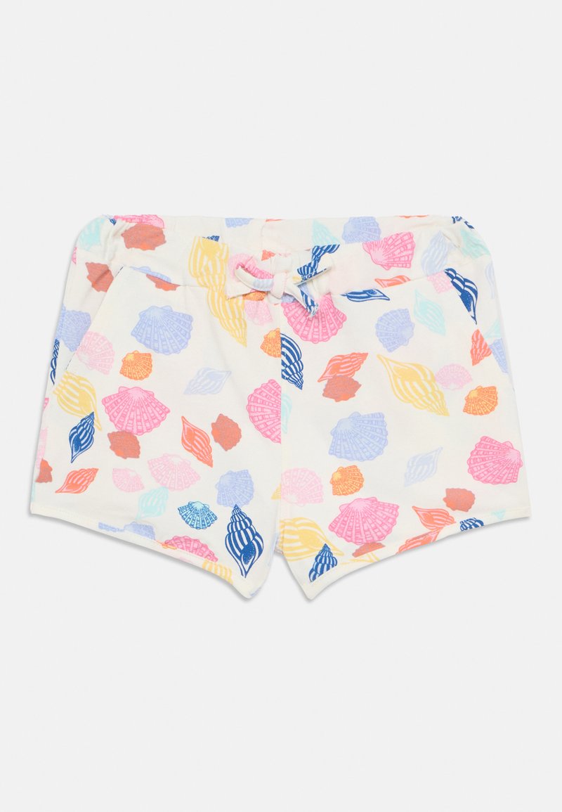Medvilniniai šortai su elastinga juosta, turintys žaismingą kriauklės raštą rožinės, mėlynos, geltonos ir oranžinės spalvos atspalviais ant kreminio fono.
