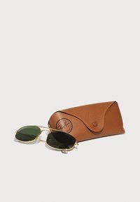 Gafas de sol Ray-Ban con lentes verde oscuro y montura de metal dorado, colocadas al lado de un estuche texturizado marrón que presenta un logotipo y cierre de presión.