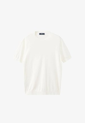 Kurzärmeliges T-Shirt aus weichem weißen Stoff, Rundhalsausschnitt, lockerer Schnitt und glatte Textur ohne sichtbare Logos oder Muster.