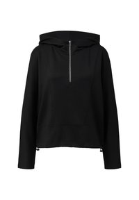 Felpa nera con cappuccio, collo alto, zip a metà, maniche lunghe e tessuto testurizzato. Presenta una vestibilità rilassata e un orlo regolabile.