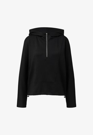 Crni pulover s kapuljačom, visokim ovratnikom, poluzatvaračem, dugim rukavima i teksturiranom tkaninom. Ima opušteni kroj i podesiv rub.