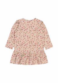 Vestido de manga larga en beige claro con un estampado floral en rosa y verde. Presenta una falda fruncida y una tela suave y texturizada.