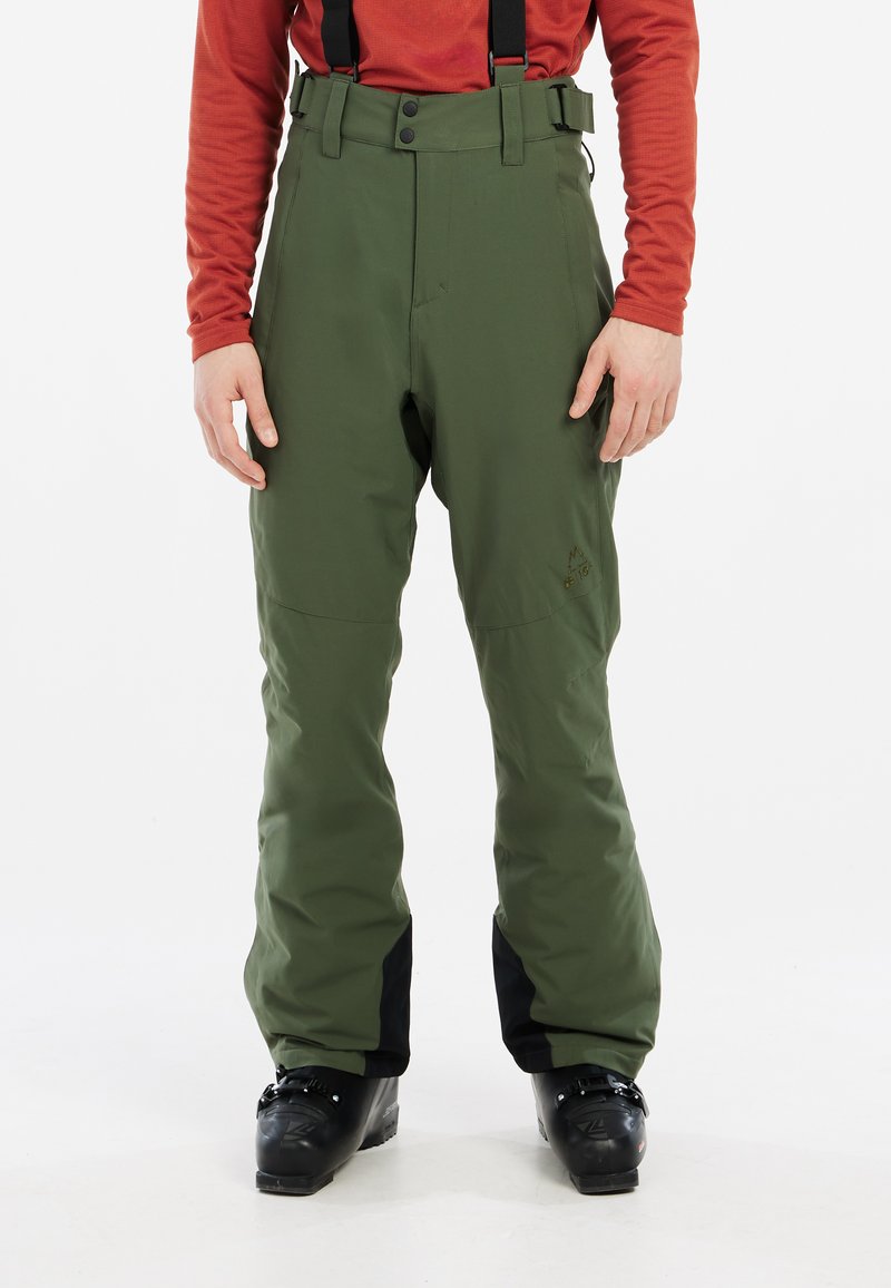 Pantalons de neige verts avec des bretelles ajustables, une taille haute et des accents noirs au niveau des poignets. Fabriqués en matériau durable et résistant à l'eau.