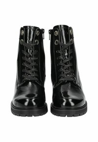 Zwarte gepatineerde leren enkellaarsjes met een ronde neus, veters aan de voorkant, zijritsen en rubberen zolen met een gestructureerd profiel voorGrip.