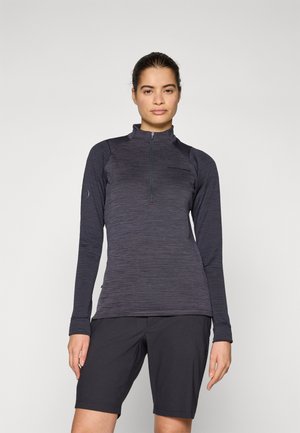 Long-sleeve, zippered top in dark grey with textured stripe pattern, paired with black shorts. Features athletic fit and lightweight fabric.