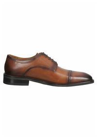 Chaussure habillée en cuir marron avec une finition lisse, bout arrondi, cinq œillets et un petit talon noir, présentant une silhouette épurée et des détails de design subtils.