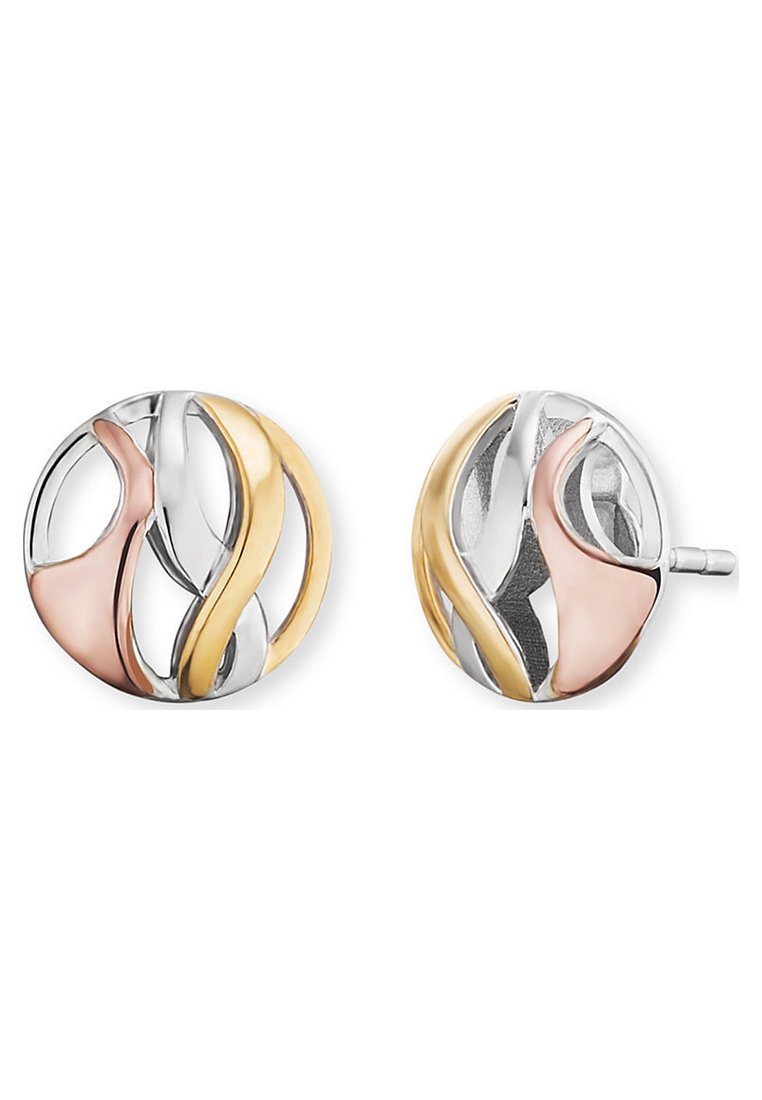 Ohrringe aus Silber, Roségold und Gelbgold in einem runden Design mit ineinander verwobenen Wellenmustern; polierte und strukturierte Oberflächen.
