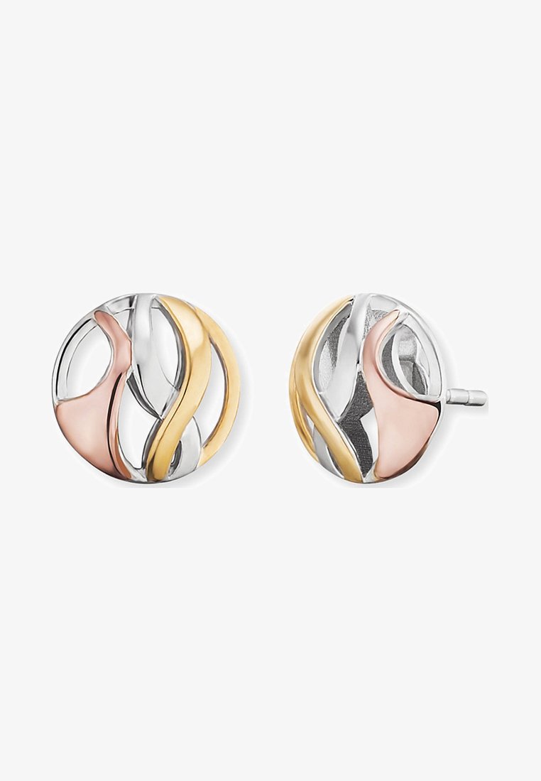 Zilveren, roségouden en geelgouden metalen oorbellen in een ronde vorm met verstrengelde golfpatronen; gepolijste en gestructureerde afwerkingen.