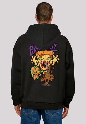 Black hoodie featuring a cartoon graphic on the back with a yellow-haired character and a brown dog. Text reads “Ruh Roh!” in vibrant colors.
