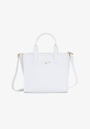 Borsa a mano in pelle bianca con doppi manici, tracolla staccabile e dettaglio logo dorato al centro sul davanti.