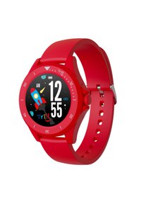 Rote Smartwatch mit einem runden Zifferblatt, digitalem Display zur Anzeige von Uhrzeit und Grafiken. Verfügt über ein glattes Silikonarmband und eine strukturierte Lünette.
