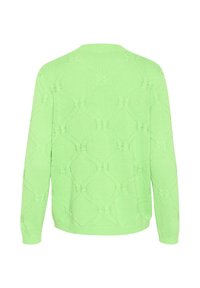 Groen gebreid sweater met een gestreept ruitpatroon, ronde halslijn en lange mouwen. De stof lijkt zacht en lichtgewicht.
