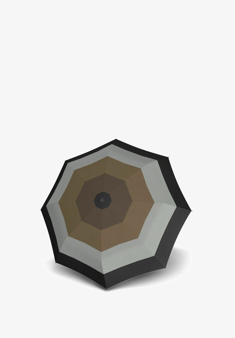 Paraplu met een octagonale vorm in afwisselende tinten bruin, grijs en zwart. Textiel met textuur en een centrale zwarte knop.