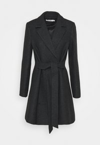 Cappotto grigio scuro, su misura, con maniche lunghe, rever a punta, tessuto testurizzato e cintura in vita. Design di lunghezza media con un interno liscio e foderato.