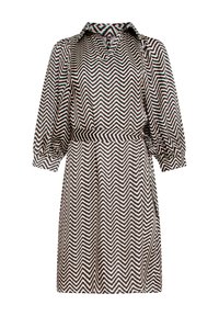 Gestreiftes Kleid in Schwarz, Weiß und Teal mit einem Kragen, langen Puffärmeln und einem taillierten Design.