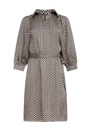 Gestreiftes Kleid in Schwarz, Weiß und Teal mit einem Kragen, langen Puffärmeln und einem taillierten Design.