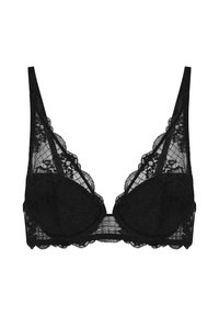 Czarny koronkowy biustonosz z kwiatowymi wzorami, z fiszbinami i regulowanymi ramiączkami, wyeksponowany na białym tle.