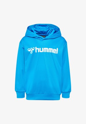 Niebieska polarowa bluza z miękką fakturą, z dużym białym logo "hummel" z przodu oraz pojemnym kapturem.