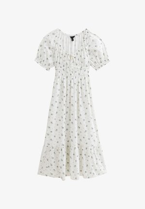Biała sukienka z małymi niebieskimi wzorami kwiatowymi, krótkimi bufkami, marszczonym gorsetem i warstwowym dołem. Wykonana z lekkiego materiału.