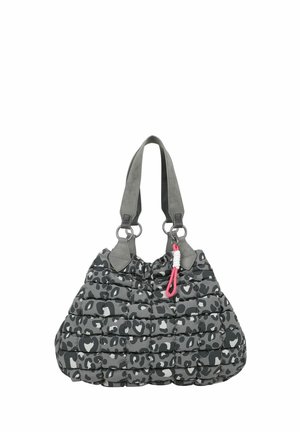 Borsa a tracolla grigia imbottita con un motivo a cuore e stampa leopardo, materiale resistente, due manici e una clip rosa come accento.