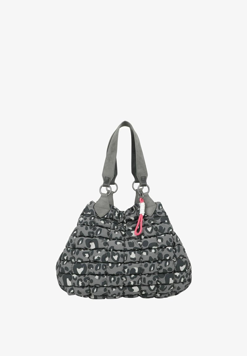 Borsa a tracolla grigia imbottita con un motivo a cuore e stampa leopardo, materiale resistente, due manici e una clip rosa come accento.