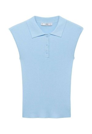 Sleeveless, light blue polo top made of ribbed knit fabric; features a classic collar and three-button placket with a straight hem.