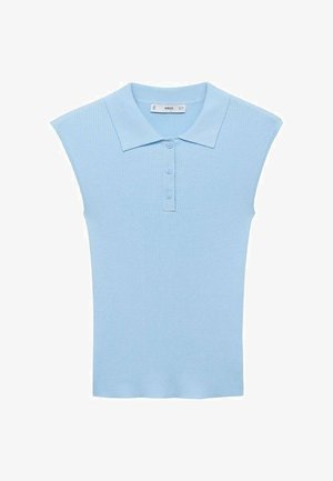 Débardeur en maille côtelée de couleur bleu clair, avec un col classique et une patte de boutonnage à trois boutons, dotée d'un ourlet droit.