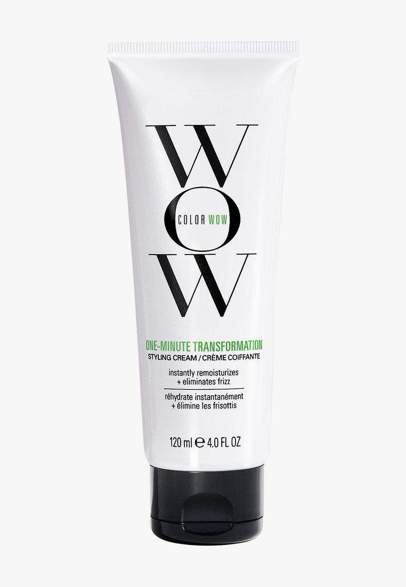 Tube blanc de crème coiffante Color Wow One-Minute Transformation, 120 ml, avec bouchon noir et texte noir et vert.
