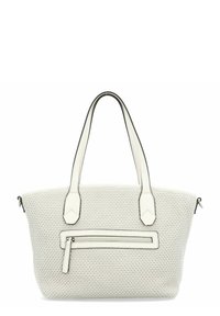 Witte geweven tote bag met twee handvaten, voorzien van een voorzak met rits, gladde leren accenten en een gestructureerde rechthoekige vorm.