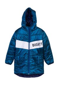 Giacca a vento teal con cappuccio, caratterizzata da una striscia bianca che mostra la scritta "BUGATT" e una superficie lucida e raffinata. Zip frontale e tasche laterali.