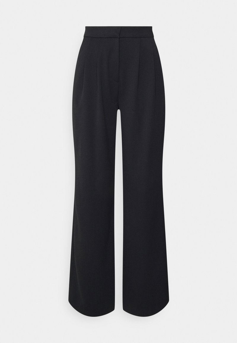 Pantalon noir taille haute à jambes larges avec plis à l'avant et taille ajustée, sur fond blanc.