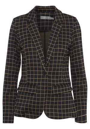 Black and gold checkered blazer featuring notch lapels, single button closure, two front pockets, and textured fabric.