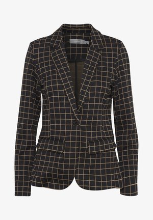 Melnā un zelta taisnstūrveida žakete ar ieliektiem klājiem, vienas pogas aizdari, divām priekšējām kabatām un faktūru audumu.