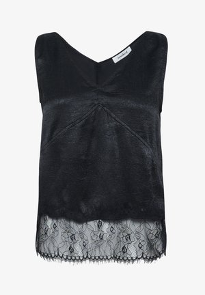 Čierny top bez rukávov z textúrovanej látky, s dizajnom v-výstrihu a čipkovým lemom s kvetinovými vzormi. Na dolnej časti sú roztrhnuté okraje.