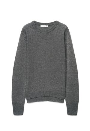 Maglione a manica lunga grigio scuro in maglia con polsini, orlo e scollo a coste, taglia piccola, disteso su sfondo bianco.