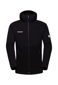 Black fleece jacket with hood, front zipper, two side pockets, Mammut logo on chest, and subtle seam detailing.