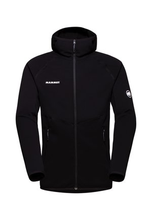 Giacca in pile nera con cappuccio, zip anteriore, due tasche laterali, logo Mammut sul petto e dettagli di cucitura discreti.