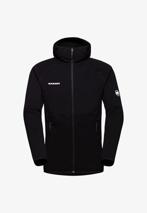 Melna flīsa jaka ar kapuci, priekšējais rāvējslēdzis, divas sānu kabatas, Mammut logo uz krūts un smalkas šuvju detaļas.