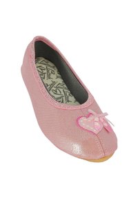 Rosa Ballerina, gefertigt aus glänzendem Material, mit einem Herz- und Schleifenakzent. Weiche Innenauskleidung mit einer strukturierten Gummisohle.