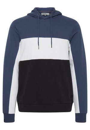Hooded sweatshirt featuring blue, white, and black color blocks. Made of soft fabric with a drawstring hood and ribbed cuffs.