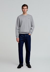 Grauer Sweatshirt mit langen Ärmeln, Rundhalsausschnitt und kleinem Logo. Kombiniert mit dunkelblauen Jeans und schwarzen Schuhen, vor einem schlichten Hintergrund.