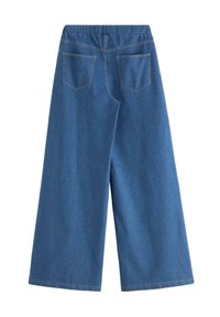 Džínové culottes v tmavě modré barvě, s elastickým pasem, dvěma zadními kapsami a širokým střihem s viditelnými švy.