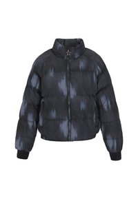 Zwarte pufferjack met een glanzende afwerking, voorzien van een sterdetail op de rits, hoge kraag en een tie-dye patroon in tinten van donkerblauw.