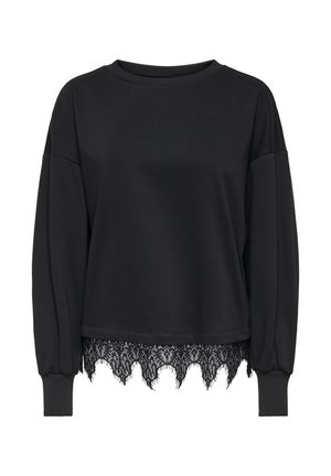 Sort langærmet sweatshirt med ribstrikkede manchetter og rund halsudskæring, med en sort flæseblondekant ved kanten.