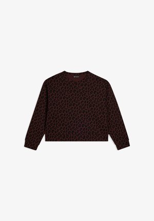 Sudadera recortada de tejido marrón oscuro con un estampado de leopardo negro. Escote redondo y mangas largas con puños de canalé.